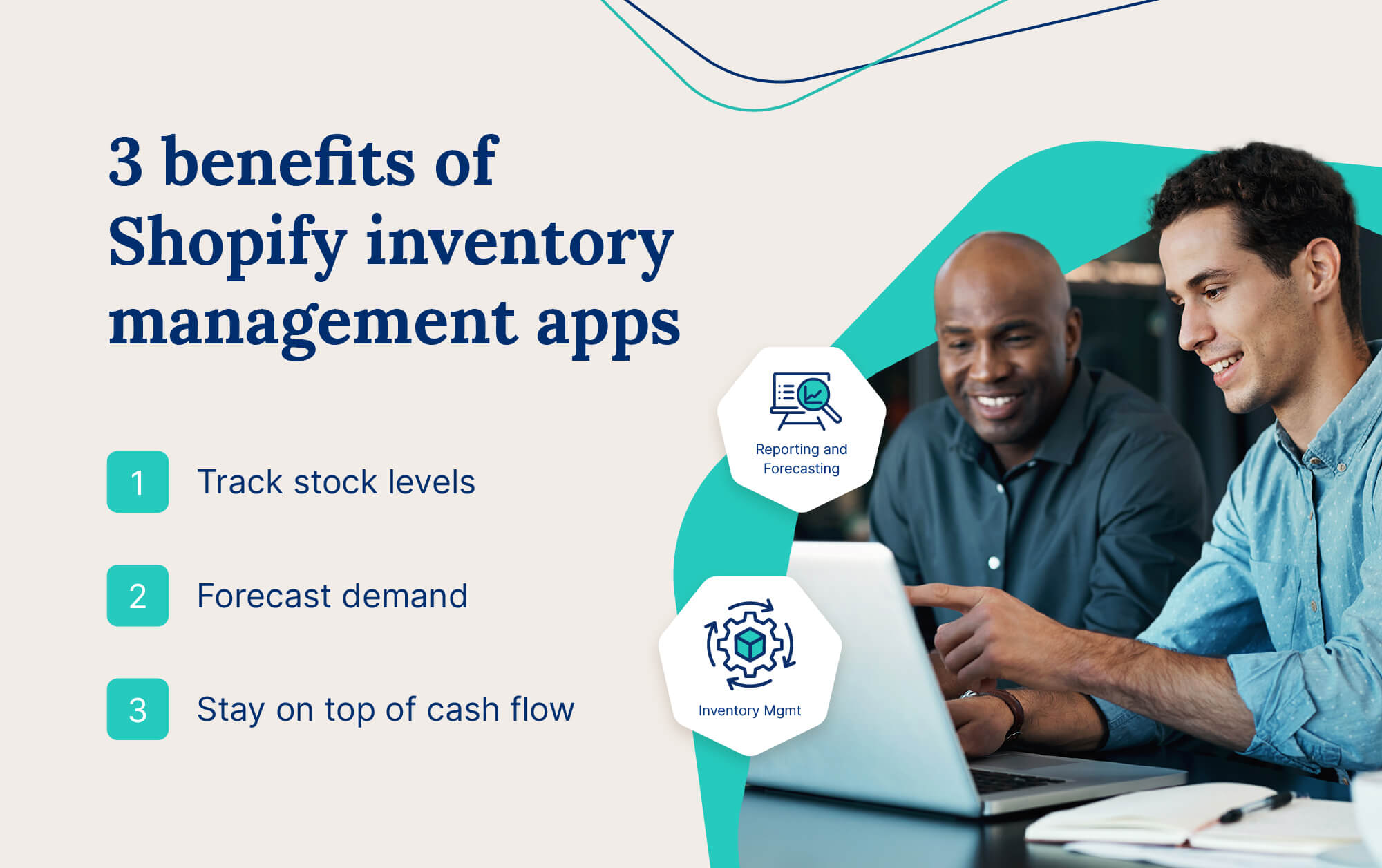 A list of three benefits of Shopify inventory management apps next to two men working on a computer