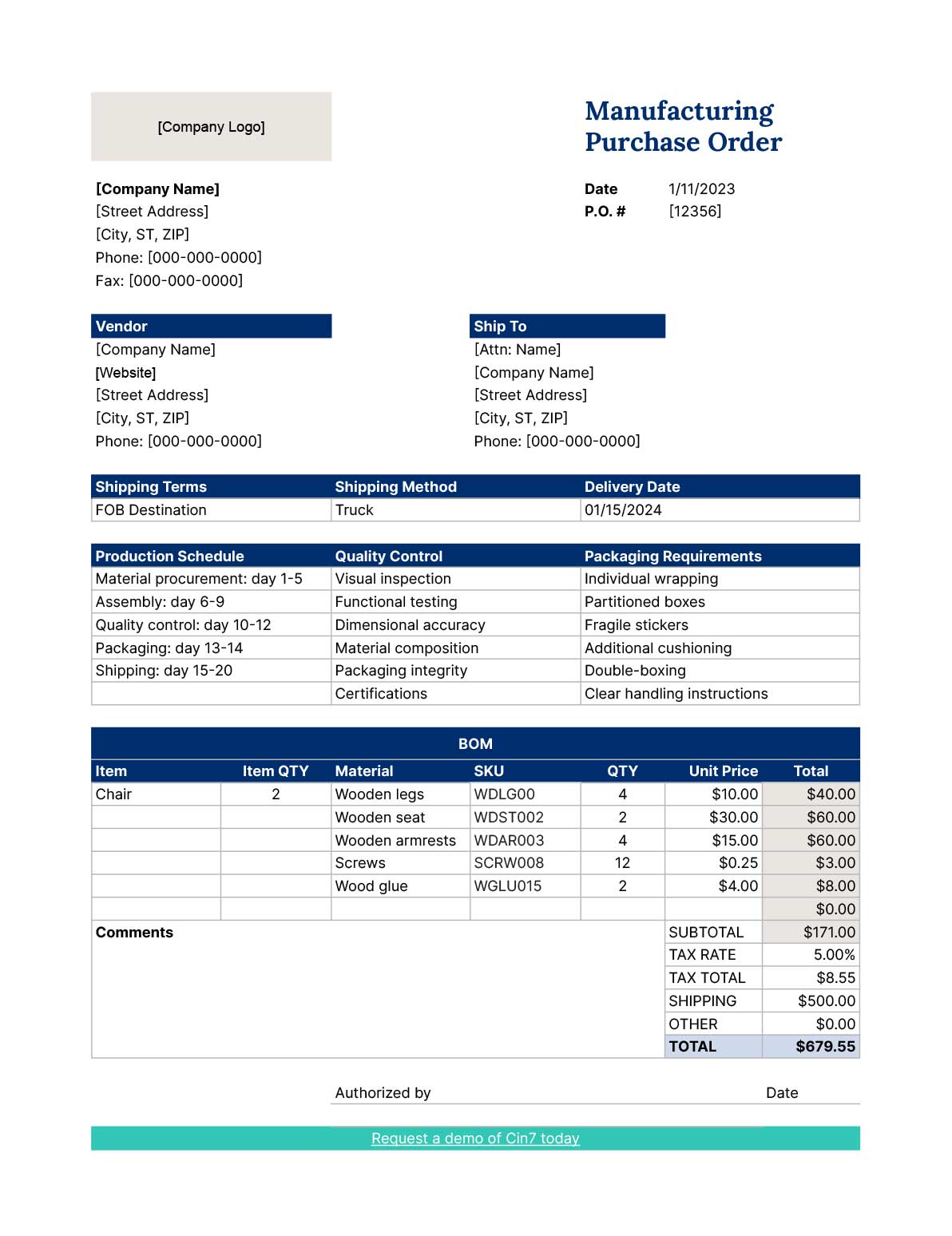 A template for a manufacturing purchase order. 