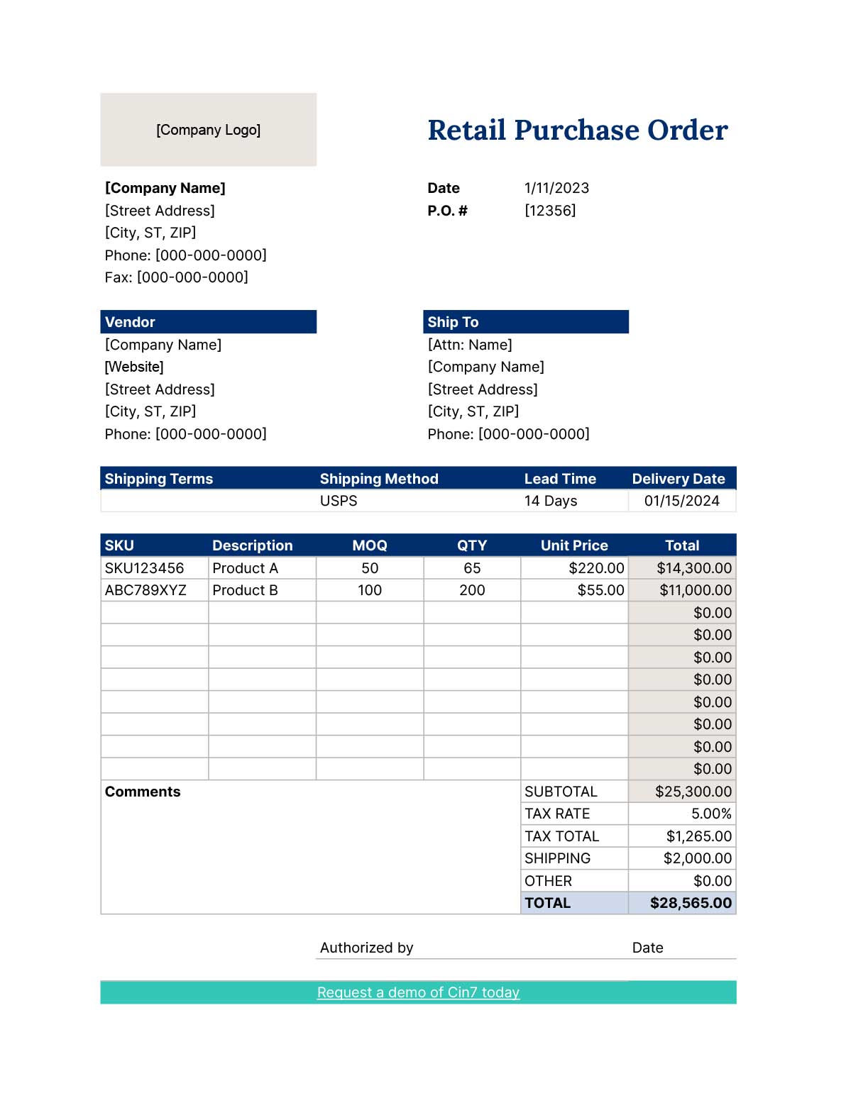 A template for a retail purchase order. 