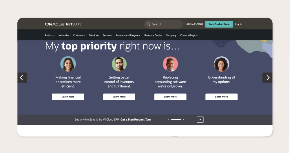 Screenshot of NetSuite’s homepage.